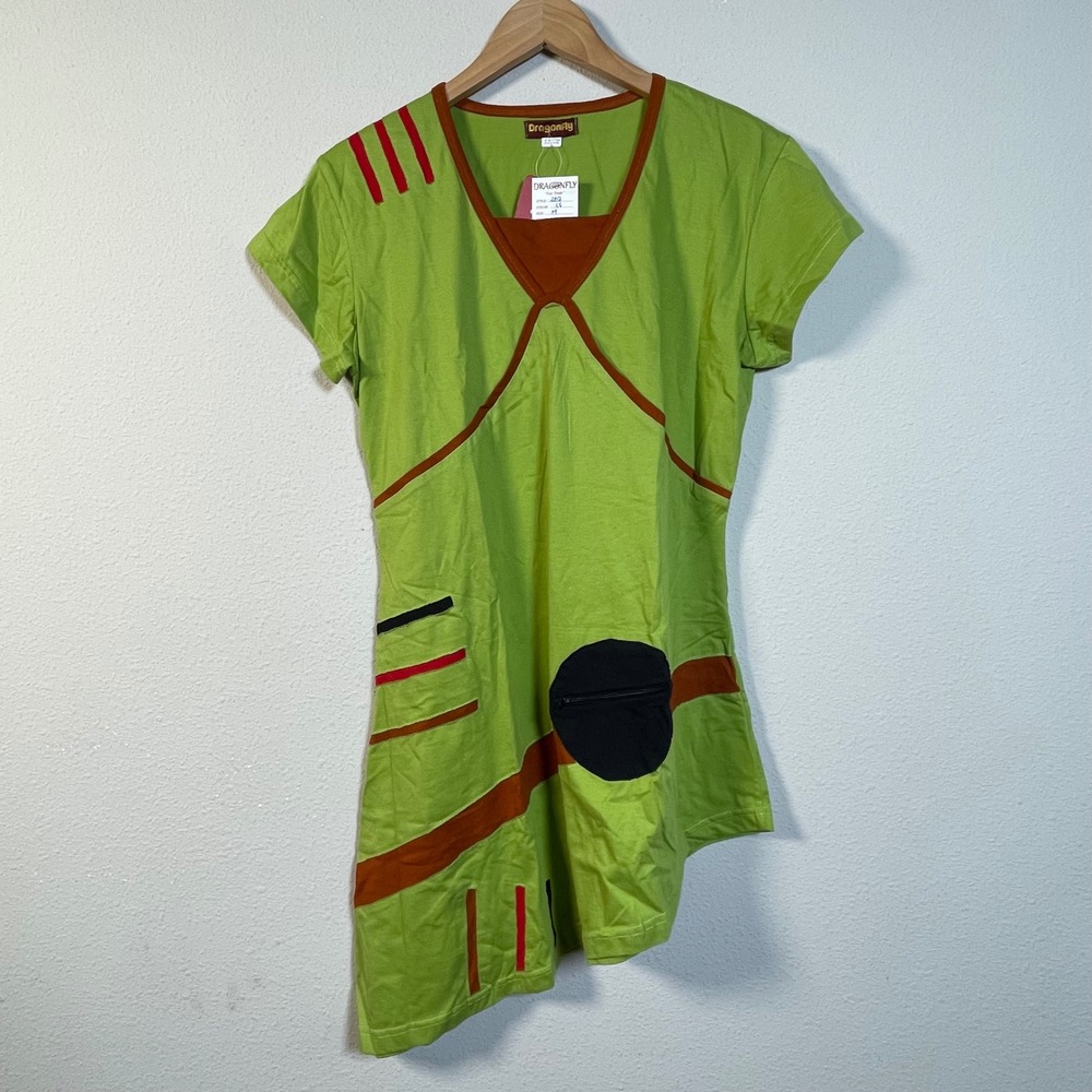 Dragonfly Asymmetrical Tunic Top Womens Medium Green Cotton Fair Trade Nepal